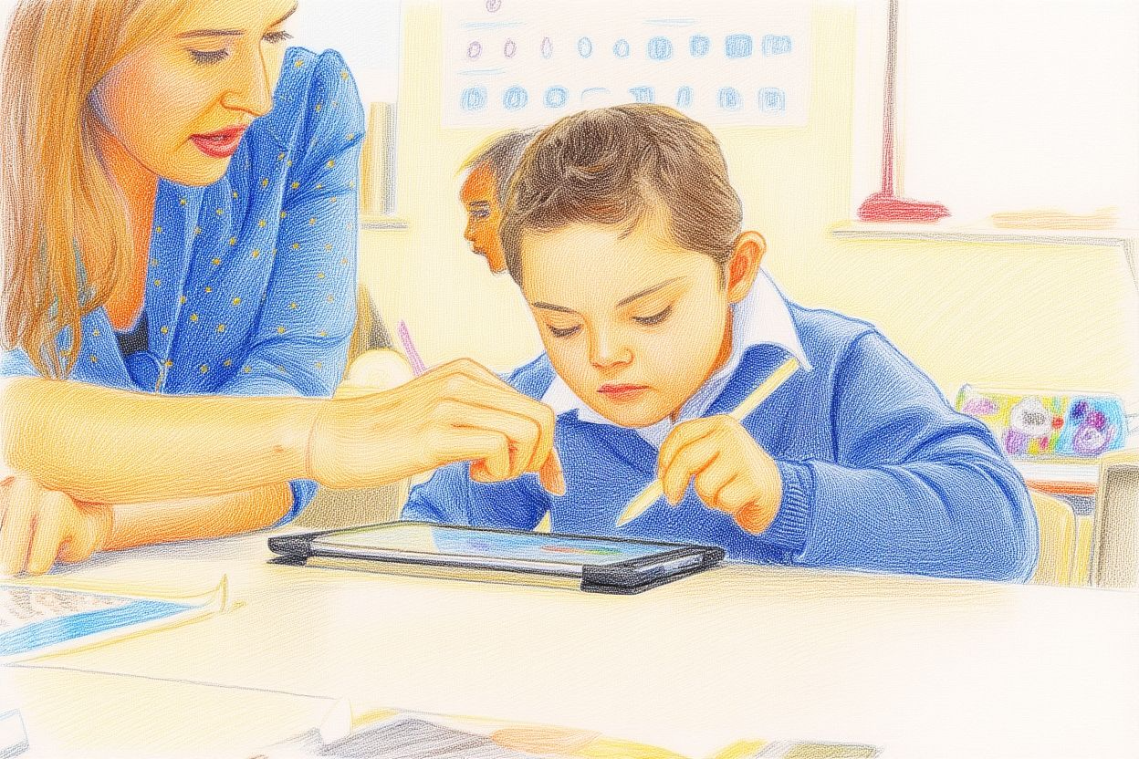 boy reading on a tablet with teacher pointing to it