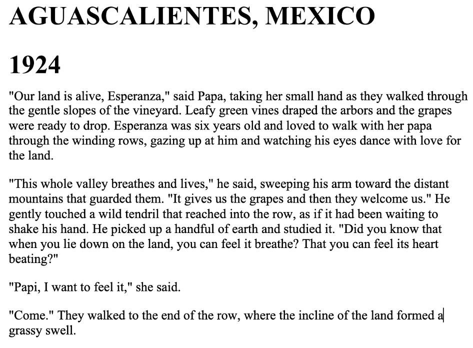 image showing example text from chapter 1 of esperanza rising