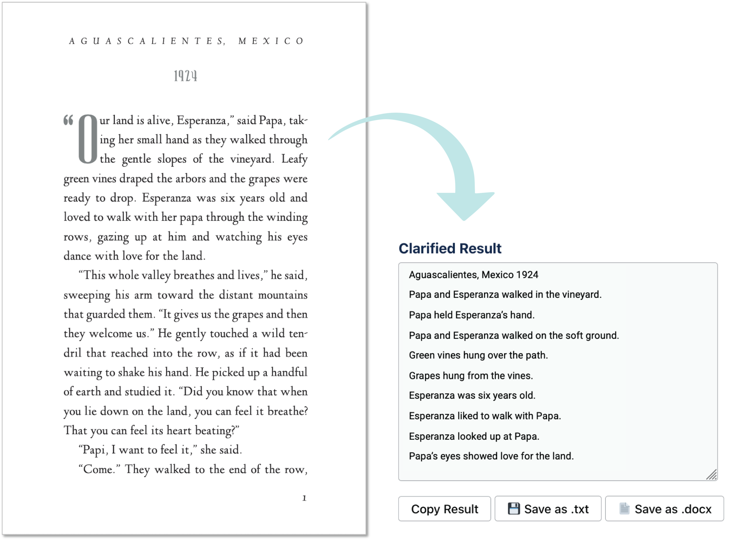 Page 1 from Esperanza Rising and a sample of clarified text